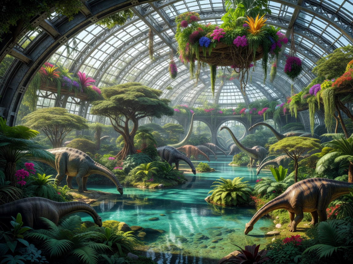 A magnificent botanical research sanctuary with towering dinosaurs grazing beneath massive glass domes, crystal lagoons, and hanging gardens.