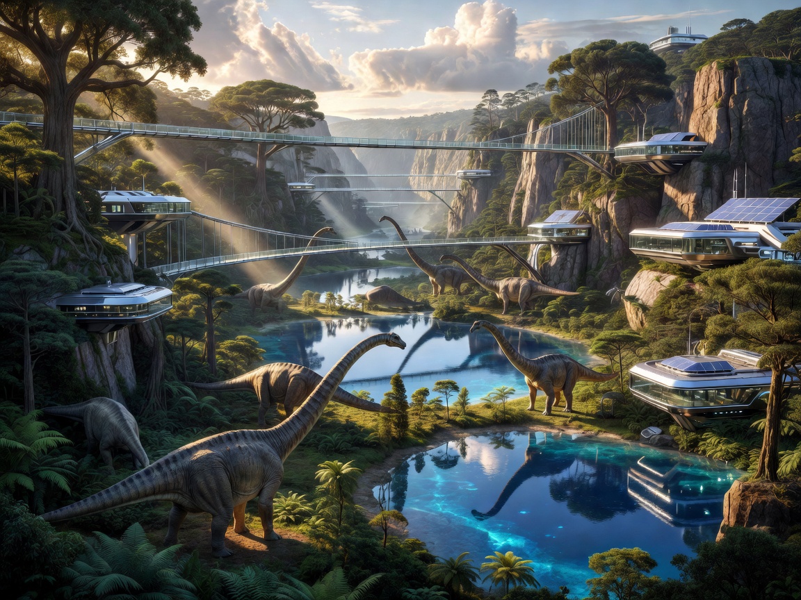 An incredible panoramic valley with enormous long-neck dinosaurs, suspended observation bridges, blue crystal lakes, and futuristic research stations.