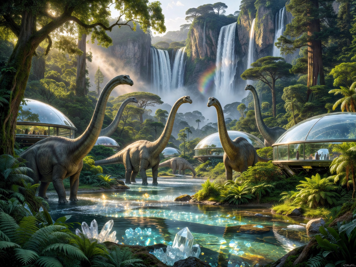 A breathtaking prehistoric biosphere featuring enormous peaceful dinosaurs walking through crystal rivers, lush emerald forests, giant waterfalls, and futuristic glass observation domes.